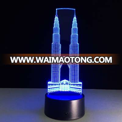 double-tower architecture USB + battery operated 3d illusion acrylic led night light lamp with touch switch table decorations